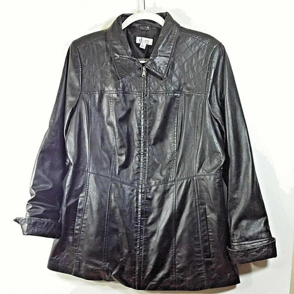 D & Co Black Leather Zip Up Jacket Size Large